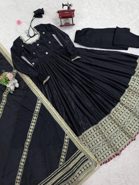 Timeless Black Festive Wear Chinon Sequence Suit Set with Lace Dupatta For Wedding Ready To Wear Collection