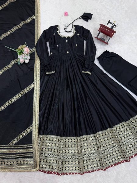 Timeless Black Festive Wear Chinon Sequence Suit Set with Lace Dupatta For Wedding Ready To Wear Collection