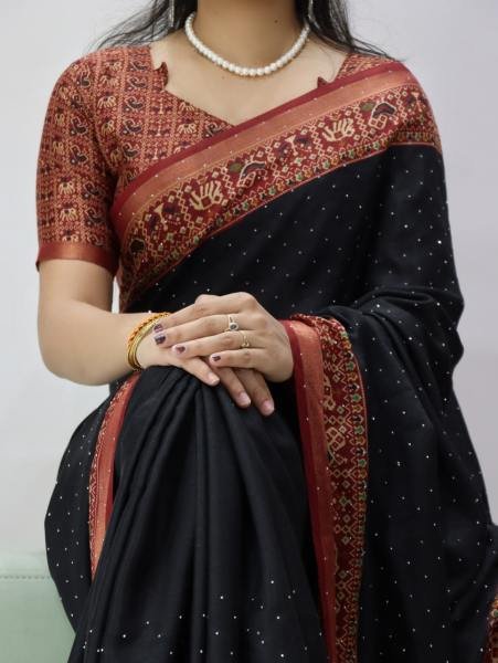 Timeless Black Mull Cotton Patola Print Saree with Sirovski Diamond And Zari Border  Cotton Sarees Wholesale