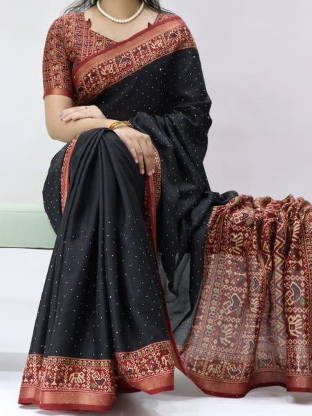 Timeless Black Mull Cotton Patola Print Saree with Sirovski Diamond And Zari Border  Cotton Sarees Wholesale