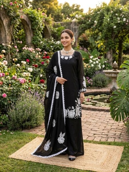 Timeless Black White Fendy Silk Top Palazzo Set with Matching Embroidery at Wholesale Rate 