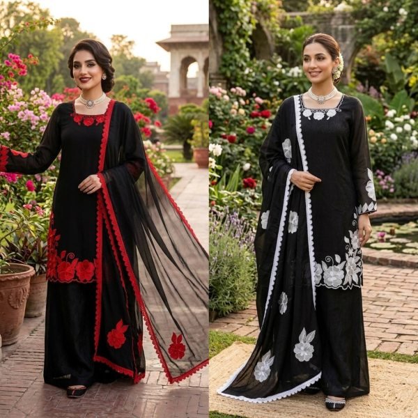 Timeless Black White Fendy Silk Top Palazzo Set with Matching Embroidery at Wholesale Rate Ready To Wear Collection