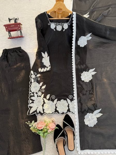 Timeless Black White Fendy Silk Top Palazzo Set with Matching Embroidery at Wholesale Rate Ready To Wear Collection