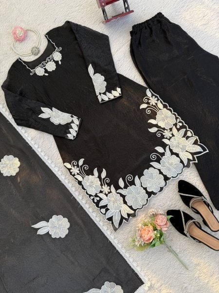 Timeless Black White Fendy Silk Top Palazzo Set with Matching Embroidery at Wholesale Rate Ready To Wear Collection