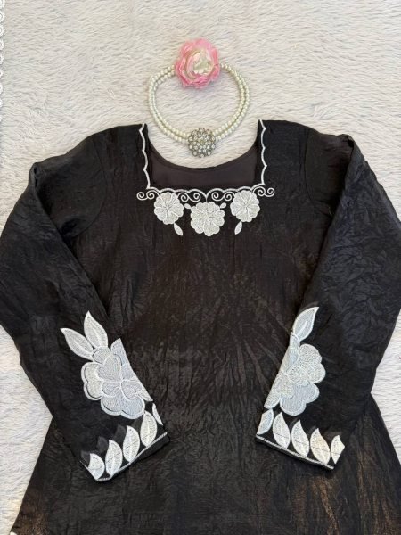Timeless Black White Fendy Silk Top Palazzo Set with Matching Embroidery at Wholesale Rate Ready To Wear Collection