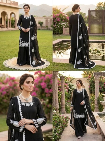Timeless Black White Fendy Silk Top Palazzo Set with Matching Embroidery at Wholesale Rate Ready To Wear Collection