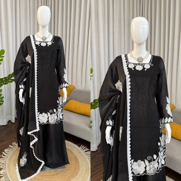 Timeless Black White Fendy Silk Top Palazzo Set with Matching Embroidery at Wholesale Rate Ready To Wear Collection