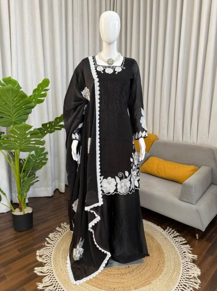 Timeless Black White Fendy Silk Top Palazzo Set with Matching Embroidery at Wholesale Rate Ready To Wear Collection