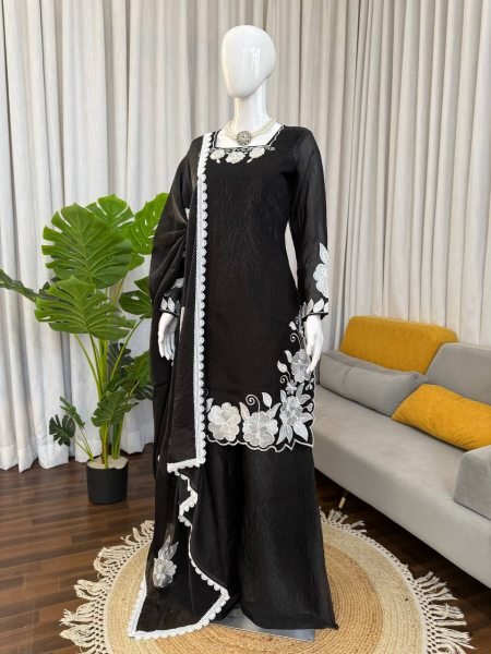 Timeless Black White Fendy Silk Top Palazzo Set with Matching Embroidery at Wholesale Rate Ready To Wear Collection