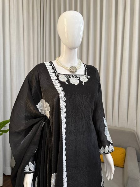 Timeless Black White Fendy Silk Top Palazzo Set with Matching Embroidery at Wholesale Rate Ready To Wear Collection