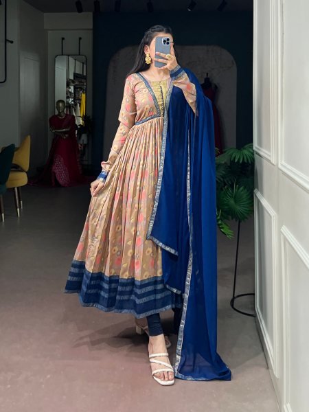 Stunning Blue Floral Print Tasar Silk Dress with Full Micro Crepe Inner For Wedding Anarkali Kurtis 