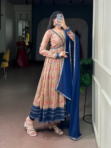 Stunning Blue Floral Print Tasar Silk Dress with Full Micro Crepe Inner For Wedding Anarkali Kurtis 