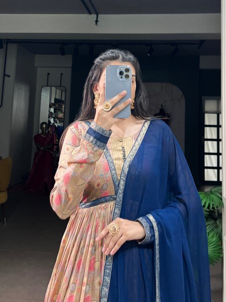 Stunning Blue Floral Print Tasar Silk Dress with Full Micro Crepe Inner For Wedding Anarkali Kurtis 