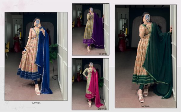 Stunning Blue Floral Print Tasar Silk Dress with Full Micro Crepe Inner For Wedding Anarkali Kurtis 
