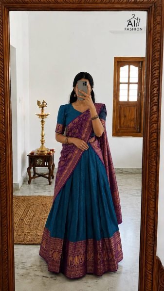 Timeless Blue Heavy Lichi Silk Lehenga Choli with Banarasi Style Dupatta and Zari Work Half Saree Lehenga