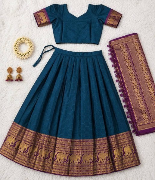 Timeless Blue Heavy Lichi Silk Lehenga Choli with Banarasi Style Dupatta and Zari Work Half Saree Lehenga
