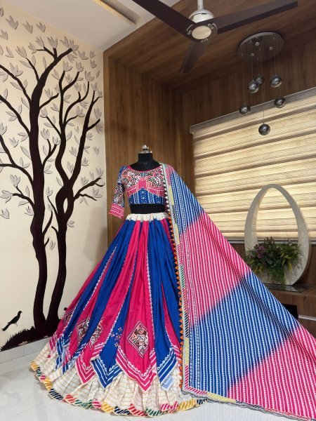 Timeless Blue Pink Double Layer Muslin Cotton Lehenga Choli with Mirror Work Dupatta Navratri Lehnega Choli