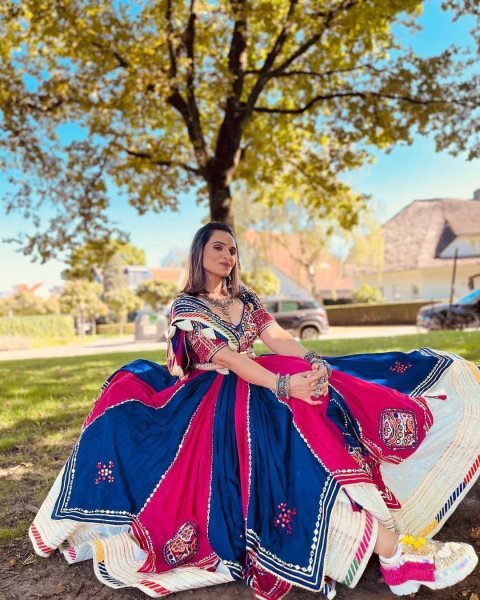 Timeless Blue Pink Double Layer Muslin Cotton Lehenga Choli with Mirror Work Dupatta Navratri Lehnega Choli
