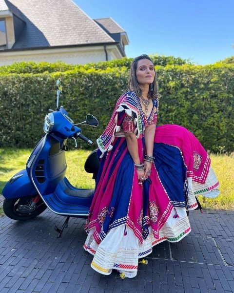 Timeless Blue Pink Double Layer Muslin Cotton Lehenga Choli with Mirror Work Dupatta Navratri Lehnega Choli