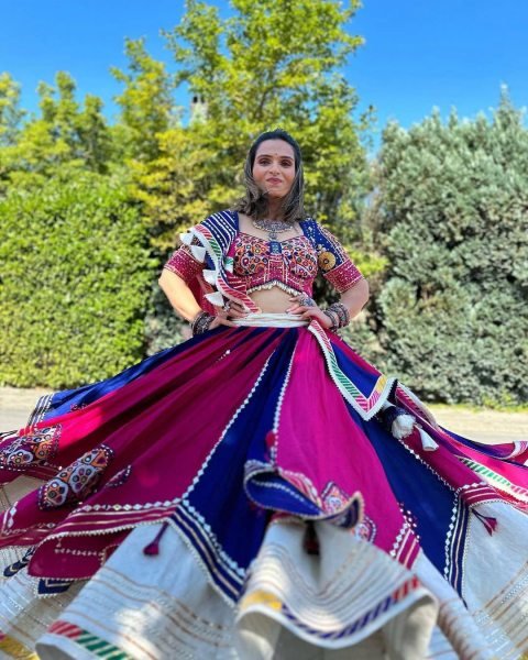 Timeless Blue Pink Double Layer Muslin Cotton Lehenga Choli with Mirror Work Dupatta Navratri Lehnega Choli