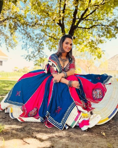 Timeless Blue Pink Double Layer Muslin Cotton Lehenga Choli with Mirror Work Dupatta Navratri Lehnega Choli