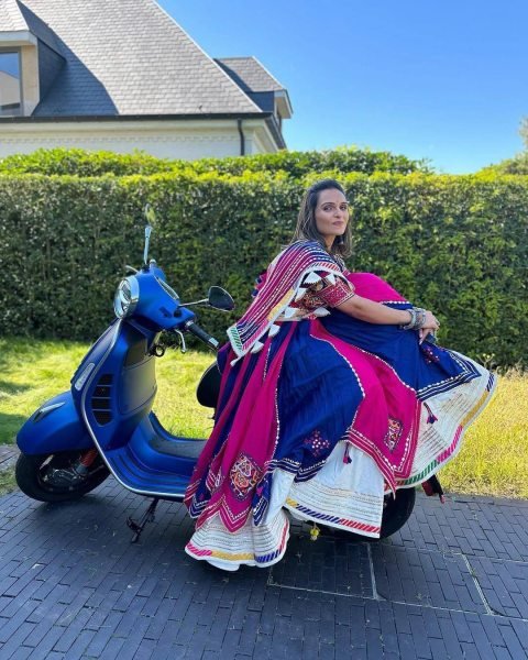 Timeless Blue Pink Double Layer Muslin Cotton Lehenga Choli with Mirror Work Dupatta Navratri Lehnega Choli