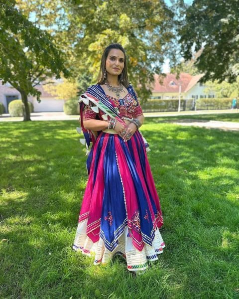 Timeless Blue Pink Double Layer Muslin Cotton Lehenga Choli with Mirror Work Dupatta Navratri Lehnega Choli