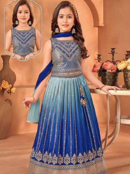 Timeless Blue Soft Chinon Silk Lehenga with Designer Lace Border Dupatta 