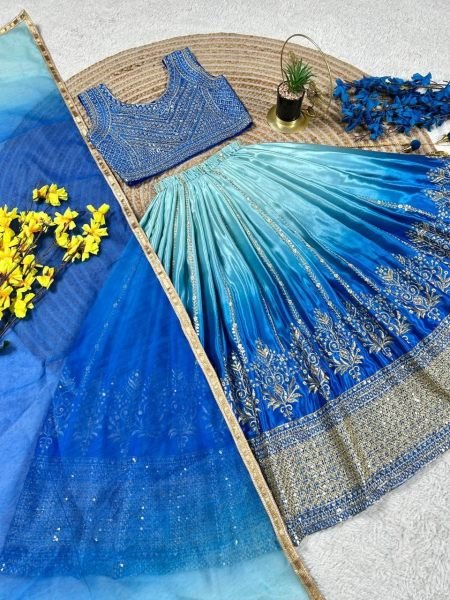 Timeless Blue Soft Chinon Silk Lehenga with Designer Lace Border Dupatta Girls Wear