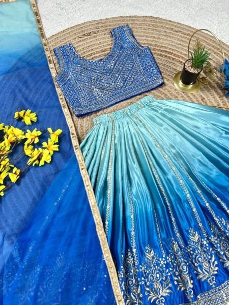 Timeless Blue Soft Chinon Silk Lehenga with Designer Lace Border Dupatta Girls Wear