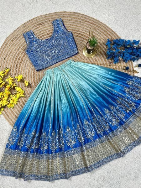 Timeless Blue Soft Chinon Silk Lehenga with Designer Lace Border Dupatta Girls Wear