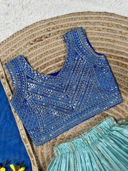 Timeless Blue Soft Chinon Silk Lehenga with Designer Lace Border Dupatta Girls Wear