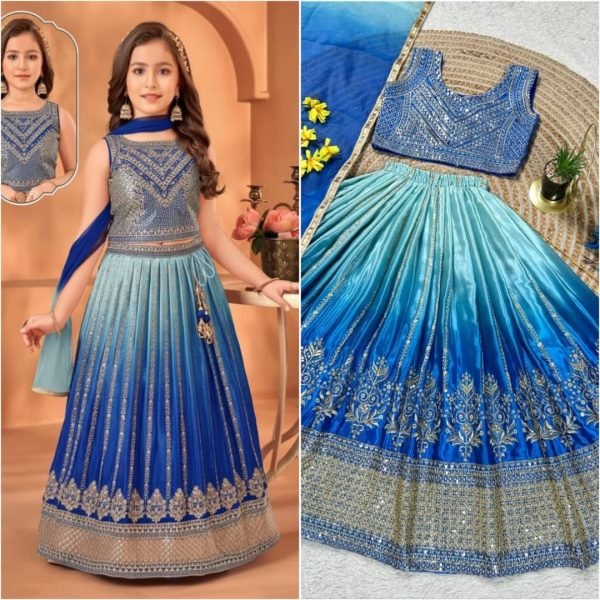 Timeless Blue Soft Chinon Silk Lehenga with Designer Lace Border Dupatta Girls Wear