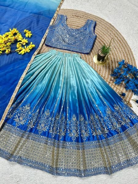 Timeless Blue Soft Chinon Silk Lehenga with Designer Lace Border Dupatta Girls Wear