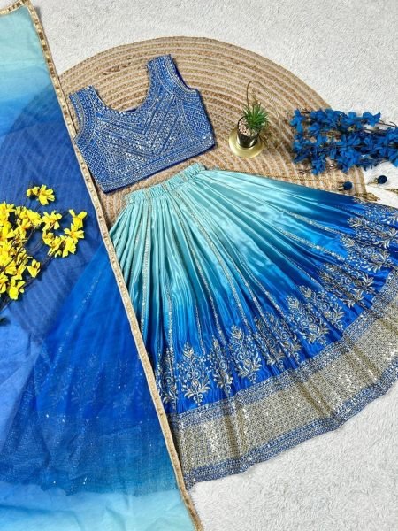 Timeless Blue Soft Chinon Silk Lehenga with Designer Lace Border Dupatta Girls Wear