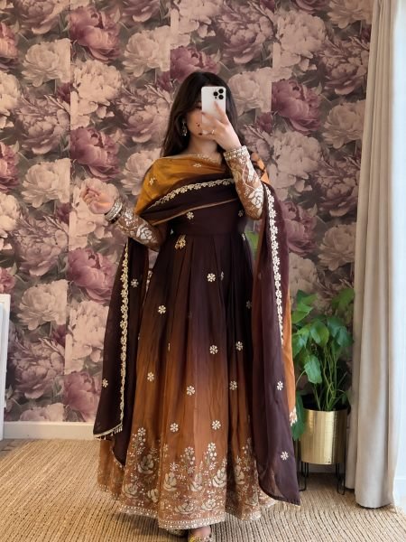Timeless Brown Designer Chinon Silk Anarkali Suit with Thread Sequin Embroidery 