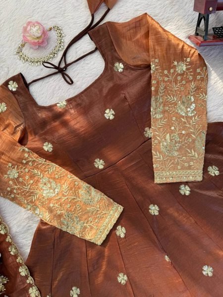 Timeless Brown Designer Chinon Silk Anarkali Suit with Thread Sequin Embroidery Ready To Wear Collection