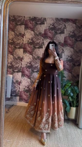 Timeless Brown Designer Chinon Silk Anarkali Suit with Thread Sequin Embroidery Ready To Wear Collection