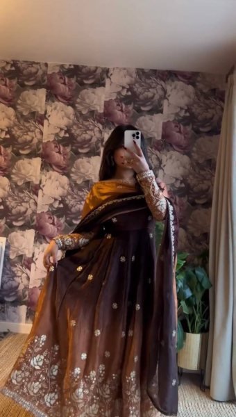 Timeless Brown Designer Chinon Silk Anarkali Suit with Thread Sequin Embroidery Ready To Wear Collection