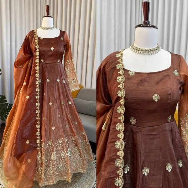 Timeless Brown Designer Chinon Silk Anarkali Suit with Thread Sequin Embroidery Ready To Wear Collection