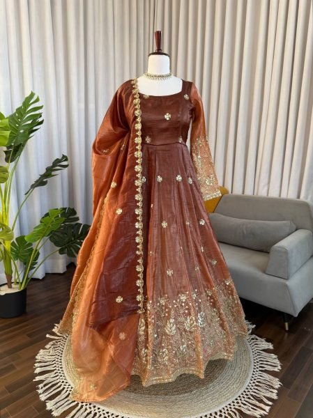 Timeless Brown Designer Chinon Silk Anarkali Suit with Thread Sequin Embroidery Ready To Wear Collection