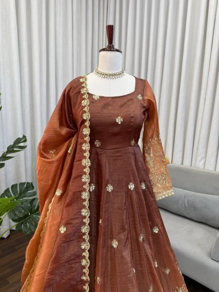 Timeless Brown Designer Chinon Silk Anarkali Suit with Thread Sequin Embroidery Ready To Wear Collection