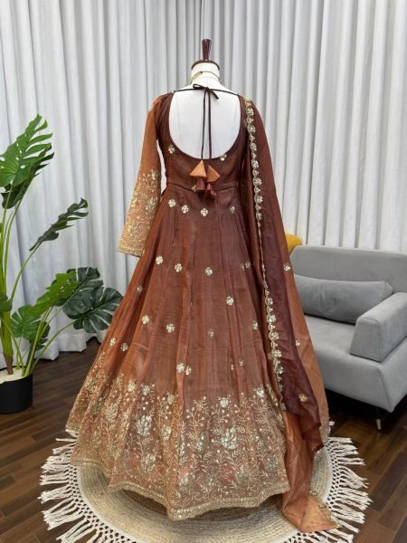 Timeless Brown Designer Chinon Silk Anarkali Suit with Thread Sequin Embroidery Ready To Wear Collection