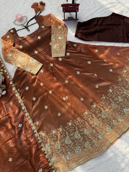 Timeless Brown Designer Chinon Silk Anarkali Suit with Thread Sequin Embroidery Ready To Wear Collection