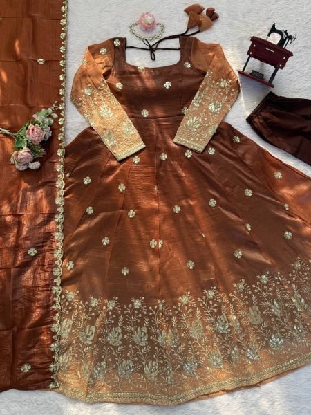 Timeless Brown Designer Chinon Silk Anarkali Suit with Thread Sequin Embroidery Ready To Wear Collection