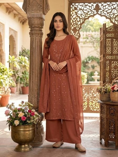 Timeless Brown Georgette Embroidered Suit Set with Palazzo and Dupatta at Wholesale Rate 