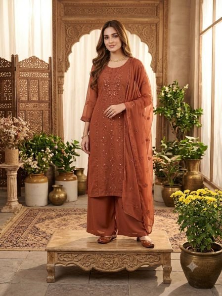 Timeless Brown Georgette Embroidered Suit Set with Palazzo and Dupatta at Wholesale Rate Ready To Wear Collection
