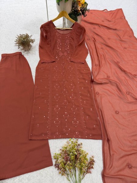 Timeless Brown Georgette Embroidered Suit Set with Palazzo and Dupatta at Wholesale Rate Ready To Wear Collection