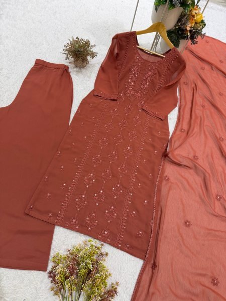 Timeless Brown Georgette Embroidered Suit Set with Palazzo and Dupatta at Wholesale Rate Ready To Wear Collection