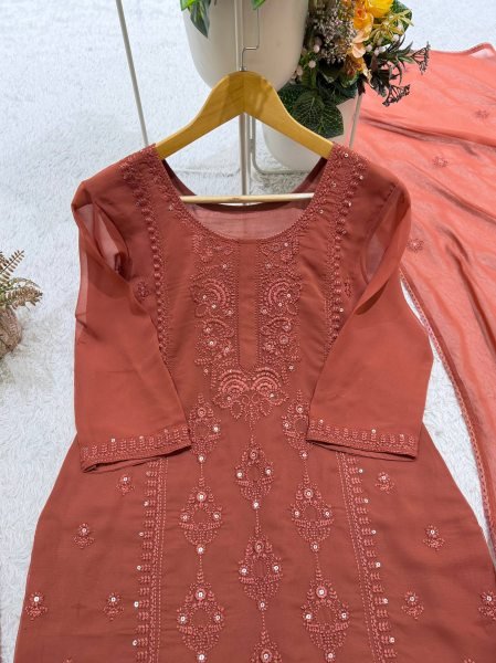 Timeless Brown Georgette Embroidered Suit Set with Palazzo and Dupatta at Wholesale Rate Ready To Wear Collection